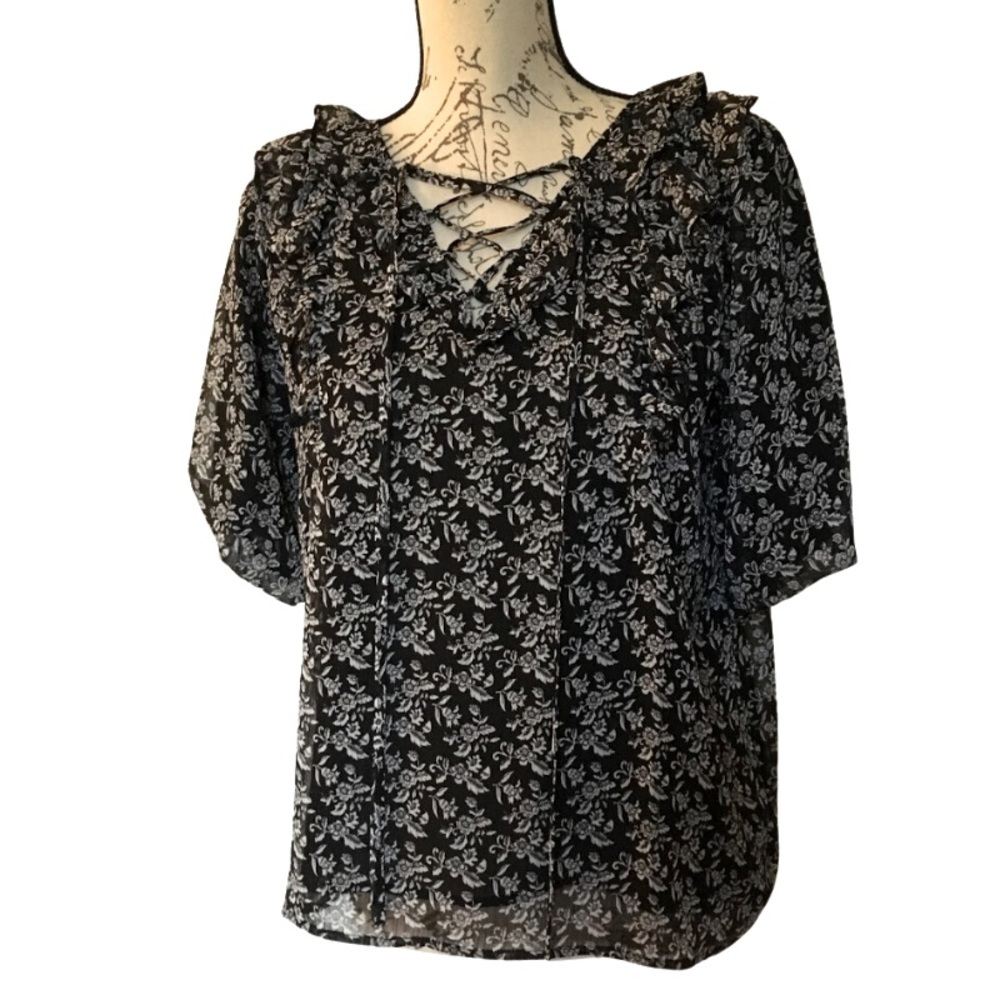 LOFT Tiered Ruffle Collar Puff Sleeve Lace-up Blouse